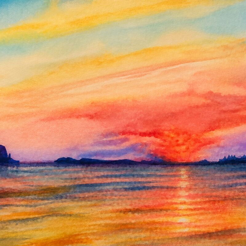 Watercolour sunrise over the Bass Rock, East Lothian